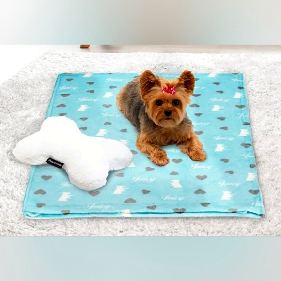 #33A0 Juicy Couture Turquoise Blue Dog Blanket Sherpa Bone Shaped Pillow